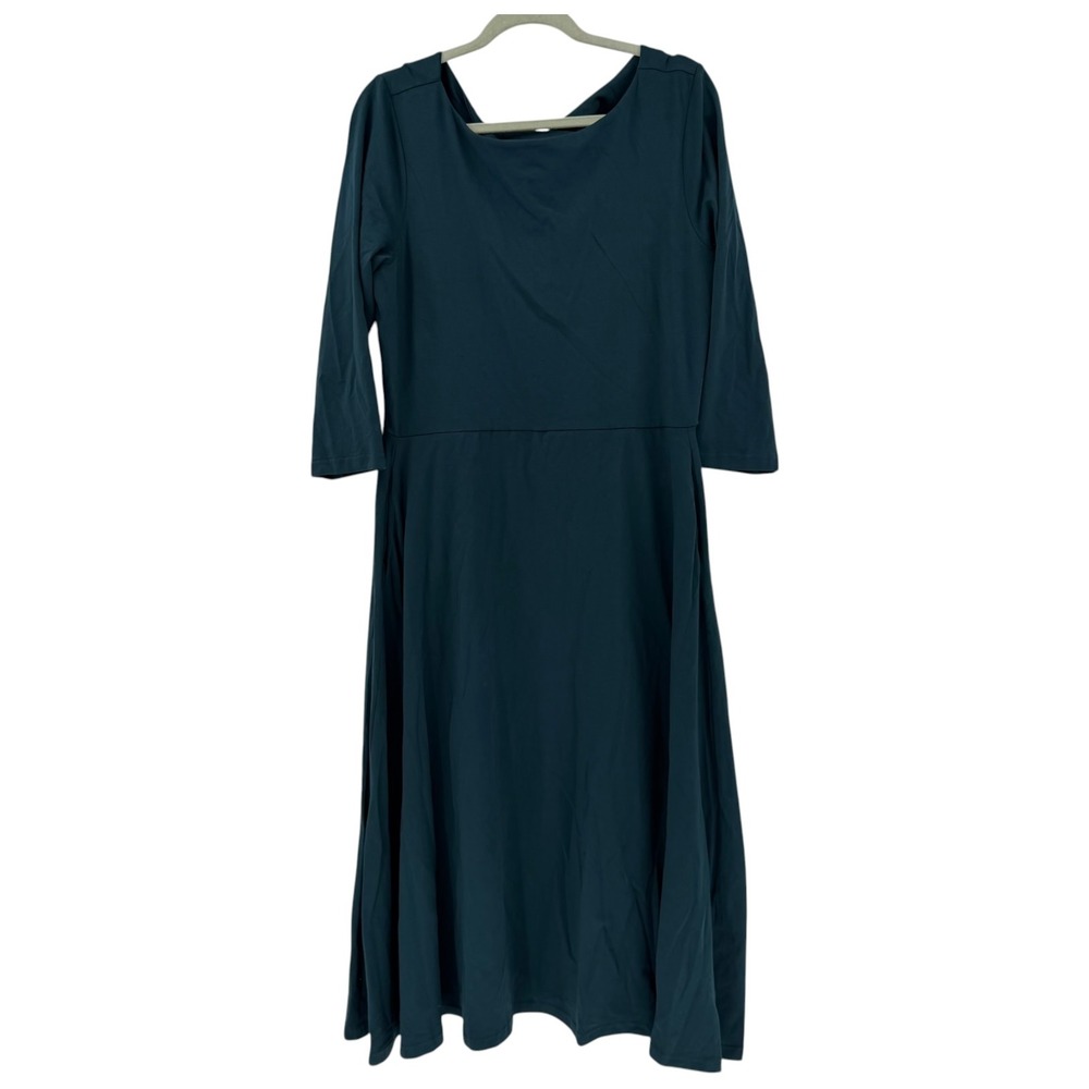 Pact Organic Cotton Twist Back Midi Dress Teal Green XL Pockets 3/4 Sleeve